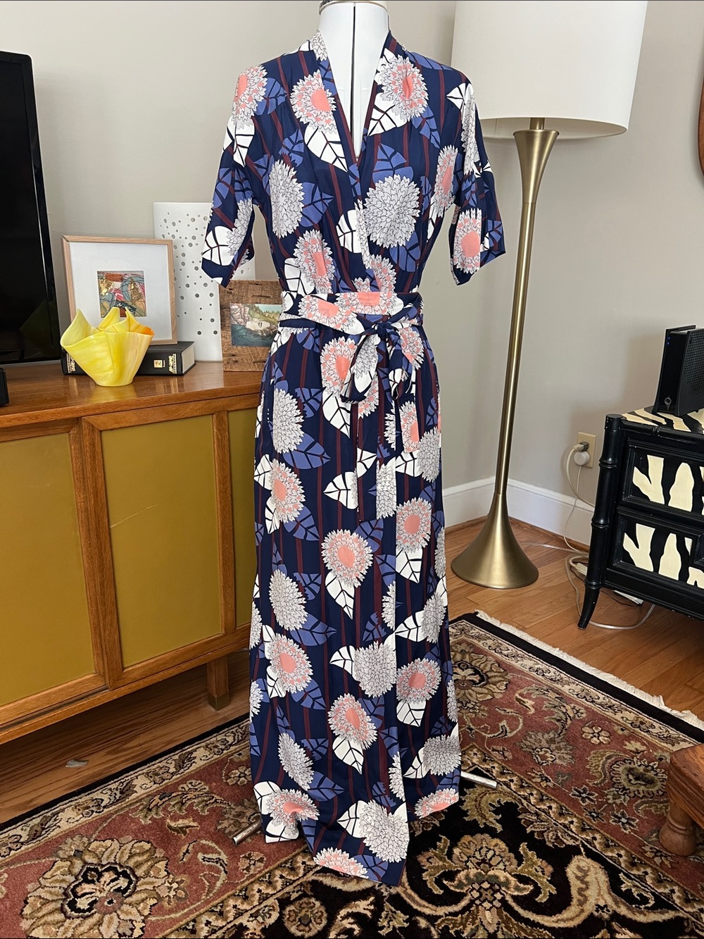 Diane Von Furstenberg Navy Floral Wrap Maxi Dress with Pink and White Flowers